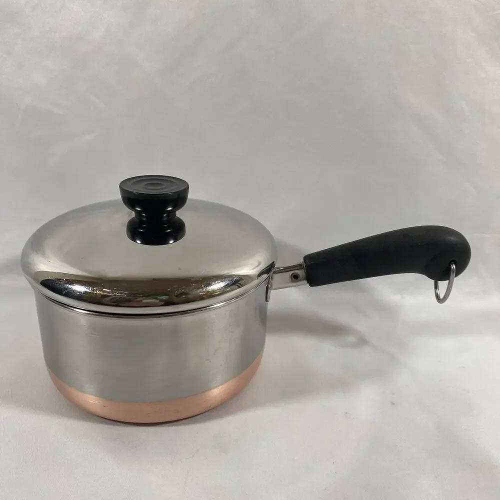1801 Revere Ware 1 1/2 Qt Copper Bottom Pot Lid Clinton 98 f Stainless *Crack*
